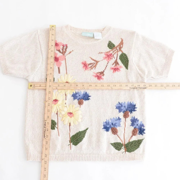 Vintage 220 Hickory Tan Pink  Floral Knit Short Sleeve Crewneck Sweater M - Picture 4 of 12